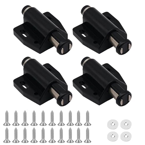4 Pack Magnetic Push to Open Door Catches for Cabinet Pressure Touch Release Catches Latch for Open and Close The Door with a Single Push Including Fixing Screws (Black)