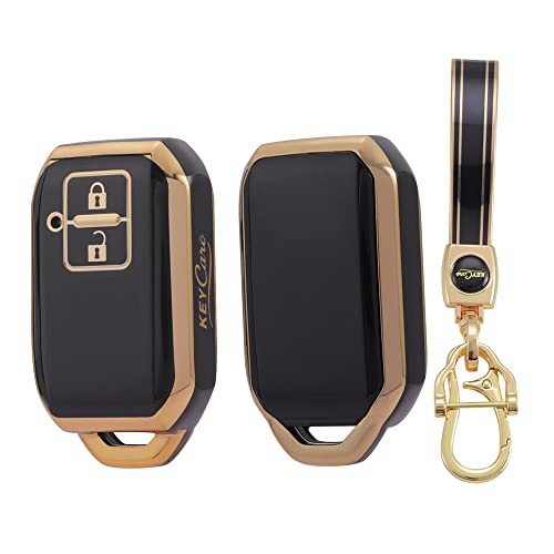 Image of KEYCARE TPU Key Cover and keychain compatible for: Victoris, Glanza, Urban Cruiser Hyryder Smart Key (Gold Black + Gold Black Keychain)