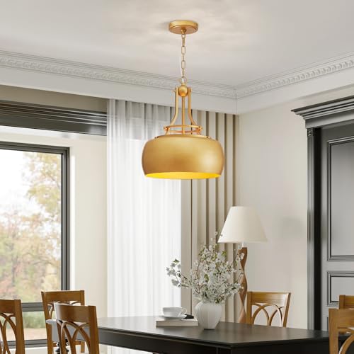 WUZUPS Chandelier Rustic Farmhouse Industrial Round Ceiling Pendant LED Light Fixture with Open Bottom Drum Shade, H 15.7" x W 13.4", Antique Gold by WUZUPS - Image 7