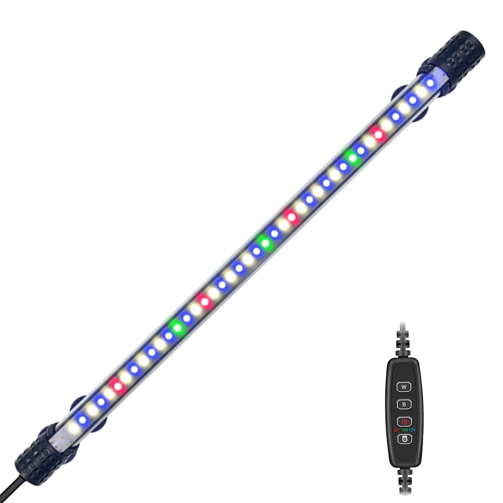 VARMHUS Luz LED Acuario Impermeable con un Temporizador,Lámpara para Acuario Sumergible 3 Modo de Luz&Nivel 10 Luz Ajustable, Luz Pecera LED con 3 Ciclo de Tiempo&4 Colores LED (37cm&Timing-Dimmen)