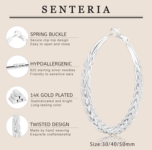 Senteria Silver Hoop Earrings for Women Hypoallergenic 925 Sterling Silver Post Hoop Earrings Lightweight Large Hoops Earring Thick Twisted Silver Hoops 30/40/50MM4