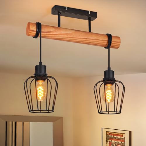 ZMH Lampada a Soffitto in Legno Stile Vintage, Nero: Plafoniera per Cucina a 2 Luci, Metallo Retro per Ingresso, Design Industriale, Attacco E27, Adatta a Soggiorno e Pranzo - Esclusa Lampadina