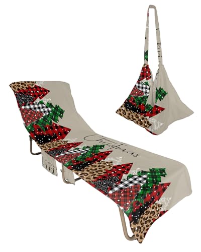 Merry Christmas, Beach Lounge Chair Towel Cover, Soft Chaise Lounge Towel with Side Pockets Patio Pool Chairs Cover for Beach/Pool Sunbathing 29x85 Winter Xmas Tree Leopard Bufflao Check