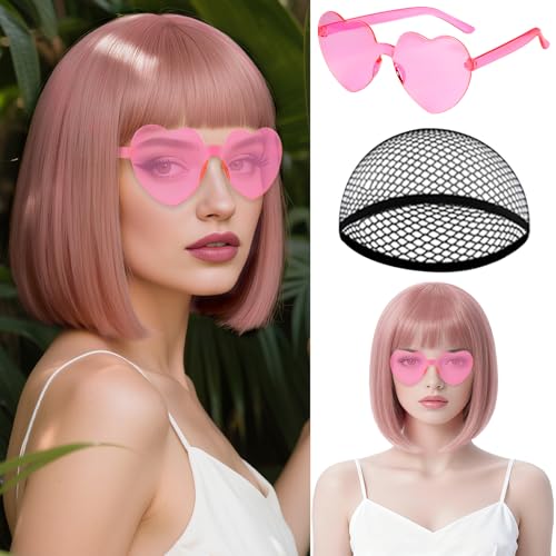 Image of MEEZY Cute Pink Short Bob Wigs Straight Hair with Flat Bangs Heart Sunglasses for Women, Colorful Funny Cosplay Party Neon Wig Synthetic Natural As Real Carnival Halloween Costume