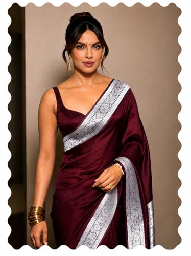 Image of Women's Glory Womens Satin Saree with Silver Woven Border | Elegant Plain Glossy Silk Saree for Party, Wedding, Reception & Festive Style with Unstitched Blouse Piece