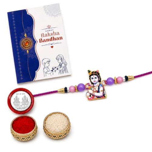 Image of Oblivion Rakhi For Brother Set of 1 - Elegant Krishna Ji With Beads Thread Designer Rakhi with Tilak Set, Greeting Card and Silver Colour Coin - Traditional Raksha Bandhan Combo for Bhai (Pack of 4)