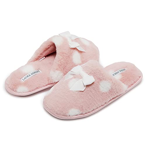 Laura Ashley Soft Plush Memory Foam Slippers For Women, Warm Closed Toe Non Slip Scuff, Womens Fuzzy Slipper, Polka Dot Pink/Medium #TOP1