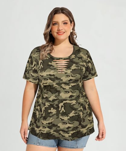 Image of CARCOS Plus Size Tops for Women Short Sleeve Shirts Basic Tee Solid Color Blouse V Neck Tunic Loose Fit Tshirts Summer XL-5XL