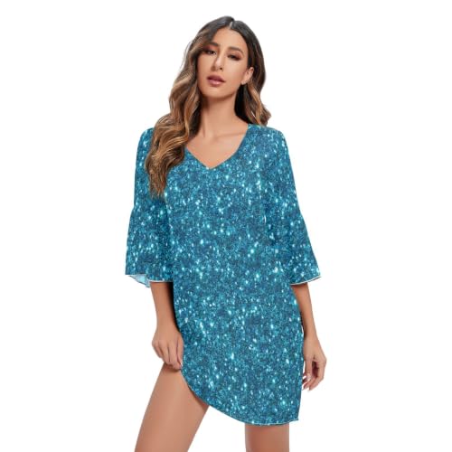 Robe d'été lâche bleu turquoise imprimée col en V fluide femme