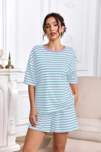 Image of Ythomm Striped Pajamas Shorts Sets Women 2 Piece Lounge Outfits Short Sleeve Tees Drawstring Shorts Summer Matching Pj Sets