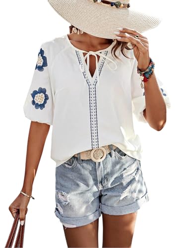 Image of Women's Summer Tops Floral Embroidered Puff Short Sleeve Shirts V Neck Boho Tunic Casual Blouse