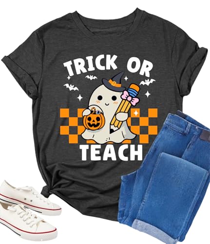 Halloween Teacher Shirts for Women Trick Or Teach Shirts Ghost T Shirt Bookish Tee Funny Cute Short Sleeve Tops Grey