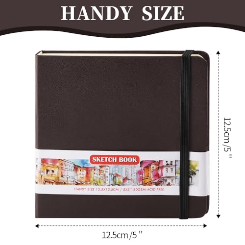 Image of 5x5 Pocket Sketch Book,80gsm Hardcover Art Sketchbook for Drawing Journal | PU Cover,Blank Paper,96Sheets /192Pages,Lay-Flat,Portable Travel Creation Paint Diary Memo Planner,Dry Media.Dark Brown