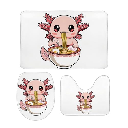 トイレマット 3点セット かわいい アホロートル フタカバー 便座カバー 洗える バスマット ふわふわ 滑り止め U型 O型 兼用 ズレない おしゃれ 吸水速乾 40cm x 60cm