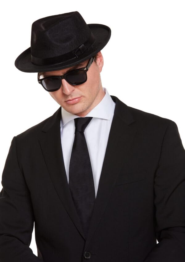 Blues Brothers Hat and Sunglasses Set Black Fedora Style Fancy Dress Costume Kit for Adults Classic Blues Duo Look Men’s Party Halloween & Tribute Act Accessory One Size