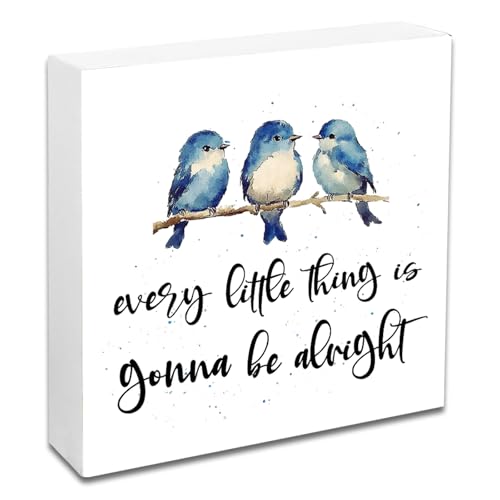 YINSSA Every Little Thing Is Gonna Be Alright Wooden Box Sign Blue Bird Decor for Home Shelf Desk Rustic Farmhouse Decor Cute Desk Decorations for Women Small Tabletop Accent 4.9x4.9 Inches