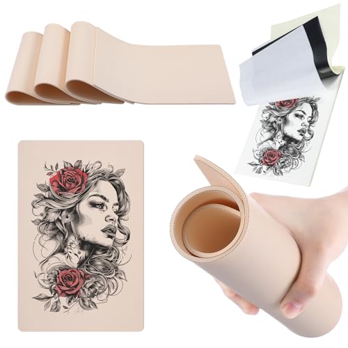 Loopeer 12pcs Real Skins Tattoo Practice 3mm with Transfer Paper 8.5x11 in 4 Pcs Double-sided Realistic Texture Tattoo Fake Skin Practice Pads and 8pcs Transfer Paper for Beginners and Professionals
