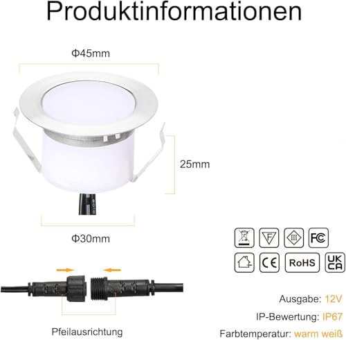 SUBOSI 10er Set LED Bodeneinbaustrahler Außen IP67 Wasserdicht 12V 1W Edelstahl, Warmweiß 2800-3200K Terrassenbeleuchtung Bodenleuchten für Garten Terrasse Treppen Auffahrt [Inkl. Netzteil]