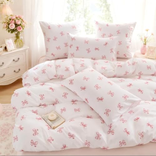Freyamy Housse de Couette 220x240 Adulte Noeud Papillon Rose Parure de lit