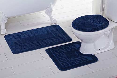 Elegant Home 3 Piece Bathroom Rug Set Bath Rug, Contour Mat, Lid Cover Non-Slip with Rubber Backing Greek Key Design Solid Color # Laura (Navy Blue)