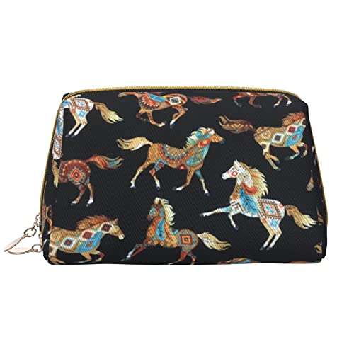 Patriotische 4. Juli Kulturtasche mit amerikanischer Flagge, Reise-Organizer für Männer und Frauen, leichte Leder-Make-up-Tasche, große Kosmetiktasche, Braunes Pferd, Einheitsgröße