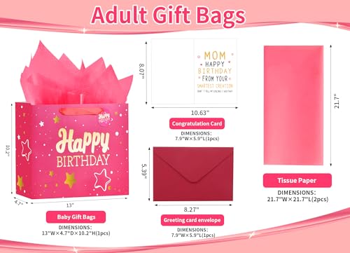 Image of Powbrace 13 inch Pink Happy Birthday Gift Bag with Tissue Paper and Greeting Card for Party,Happy Birthday Gift Bag for Women Mother, Gift Bags Medium size(1 PCS Pink, Attach Mom Cards)