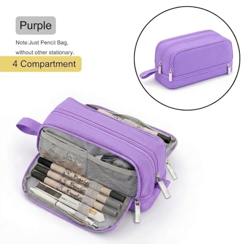 Image of 4 Compartments Pencil Case for Boys,Big Canvas Pen Pouch Bag, Large Capacity Pen Box, Tool Bag for Middle School College Office Organizer for Kids Men Women Adult Teens [Purple Color]