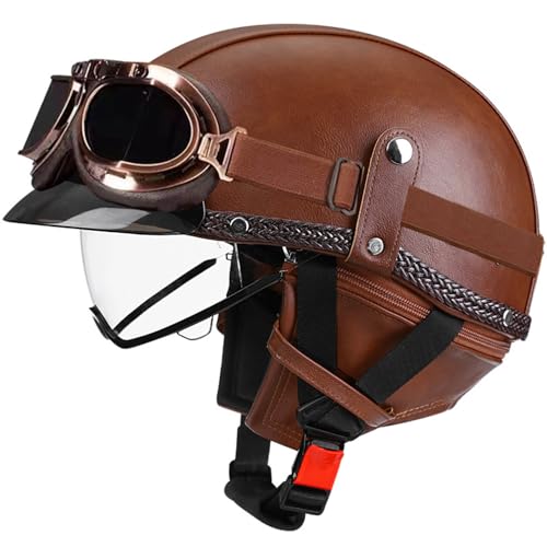 VVPEC Casque Moto Jet, Cuir Casque Ouvert Moto avec Lunettes, Casque Moto Open Face Vintage Adulte Homme Femme ECEDOT Homologué Casque de Cuir Moto pour Street Scooter Cruiser(12,M=57~58cm)