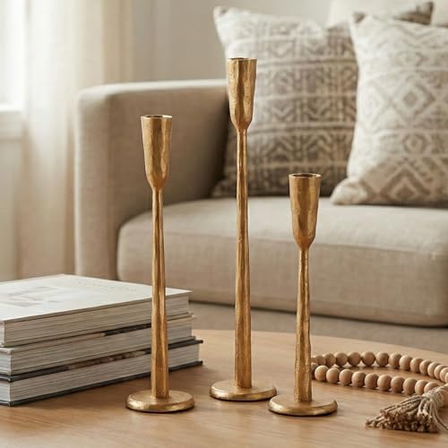 Ganwu Gold Iron Taper Candle Holder Set of 3, Heavy Wrought Iron Candlestick Holders Decorative Candle Stand, Vintage Candle Holder for Wedding, Dining, Home Decoration by Ganwu - Image 2