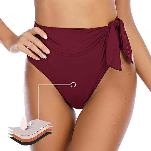 Image of JFAN Women's High Waisted Bikini Bottoms Ruched Tummy Control Swimsuits Adjustable Low-Rise Swim Shorts,Burgundy,XL