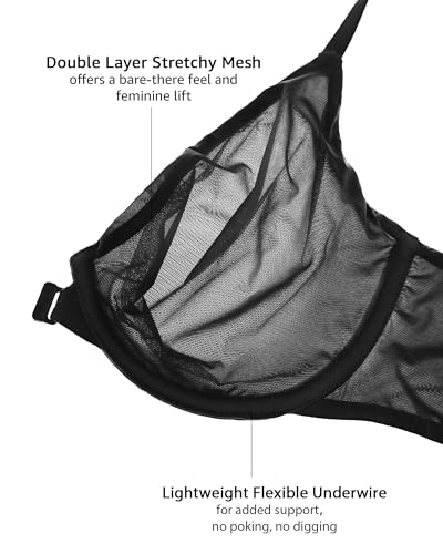Inlyric Women'S Mesh Front Closure Bras Unlined Sheer Demi Plunge Supportive Comfortable Seamless Underwire Bra Black thumb #3
