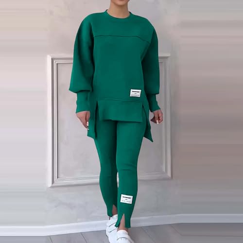 Conjunto de 2 peças de moletom feminino de manga comprida, cor lisa, pulôver confortável moderno par