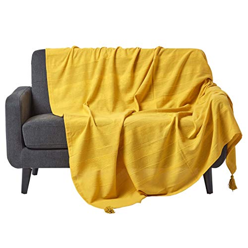 HOMESCAPES Plaid canapé en Coton, Jeté de lit ou de canapé tissé Main - Rajput - Jaune - 225x255cm
