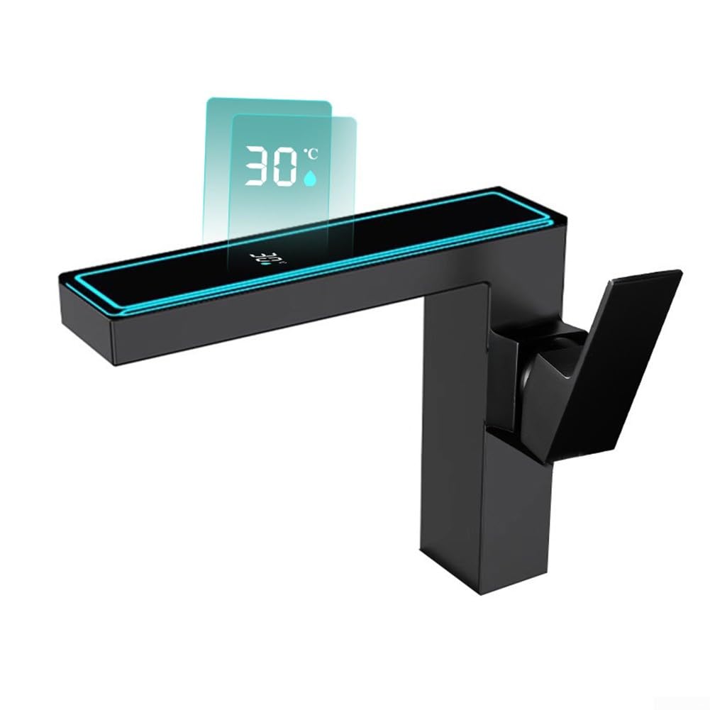Grifo digital iluminado LED que utiliza la energía del flujo de agua con luz ambiental para el entorno del baño (negro)