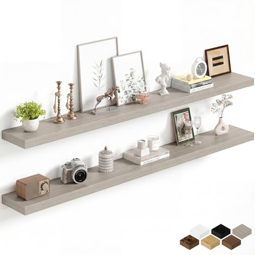Image of Fun Memories 67Inch Long Floating Shelves, 8 Inch Deep Shelves for Bedroom|Living Room, Wall Mounted Wood Hanging Shelf with Invisible Brackets for Fireplace Mantel Home Storage Decor, Grey - 2 Pack