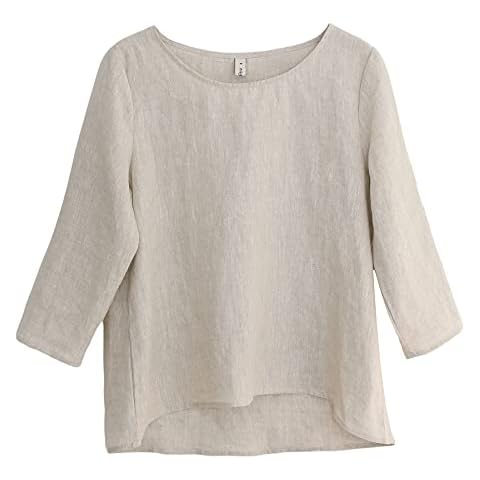Amazhiyu Women’s 100% Linen 3/4 Sleeve Blouse Crew Neck Summer Casual Tops Loose Fit Linen, Large Cover