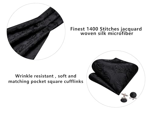 Image of Barry.Wang Ascot Ties Cravat Tie Men Paisley Plaid Scarf Self Tie Pocket Square Cufflinks Set Wedding Party