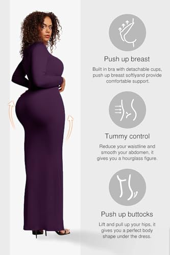 Image of Popilush Long Sleeve Formal Dress with Built in Shapewear Bra Maxi Dress