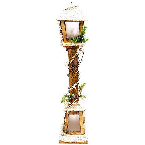 Aurora Store Lampione Natalizio in Legno h. 85 cm Bianco innevato con Luci LED Base 16x16cm Alimentazione a Batteria Decorazione Natalizia Babbo Natale