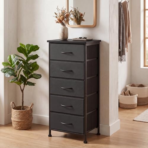 Image of Fixwal Black Tall Skinny Dresser for Bedroom, Narrow Storage Dresser Organizer with 5 Fabric Drawers, Nightstand Furniture in Closet, Entryway, Hallway