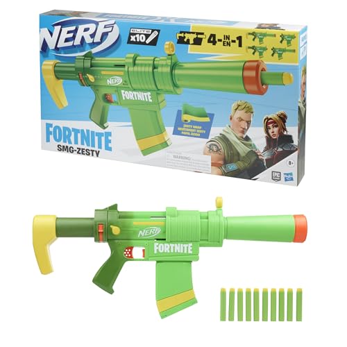 Image of Nerf Fortnite SMG-Zesty Elite Dart Blaster, Removable Stock, Barrel and 10-Dart Clip, 10 Elite Darts, Multicolor