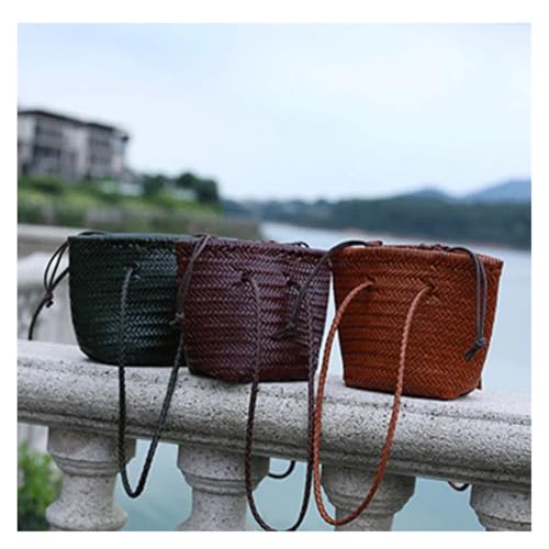 Top Layer Cowhide Hand Knitting Woven Shoulder Bag Vintage Leather Vegetable Basket Travel Beach Tote Bag(A3)4