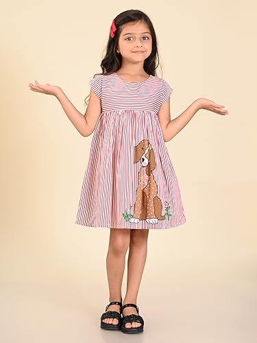 Image of LILPICKS Dog Printed Stripes Fit n Flare DressFor Girls (Red White)