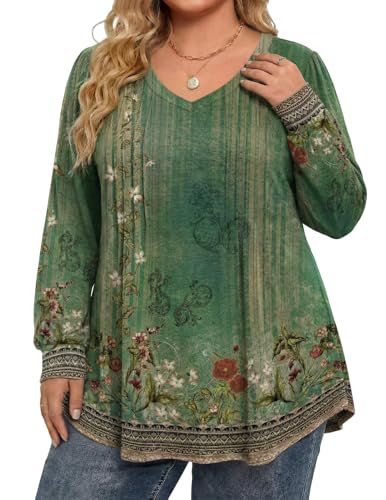 Image of IN'VOLAND Womens Plus Size Shirts V Neck Puff Long Sleeve Tops | Loose Fit, Dressy Casual Blouse, Pleated, Fall Outfits, Business Work TShirts, Basic Tees