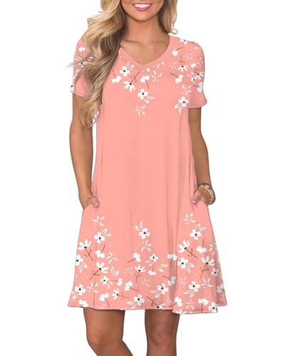 Image of COSSEN Women's Casual T Shirt Dress V-Neck Short Sleeves Swing Dresses Birthday Party Summer Travel Beach with Pocket