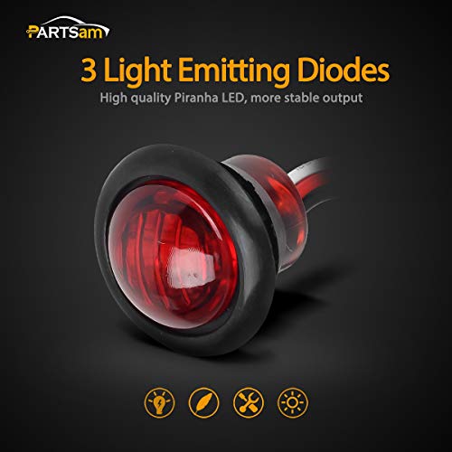 Partsam 5Pcs 3/4" Led Side Marker And Clearance Trailer Lights Air Dam Lights 3 Wires Red 3 Led Sealed Auxiliary Stop Brake Tail Turn Signal Lights Hardwired With Rubber Grommets #TOP1