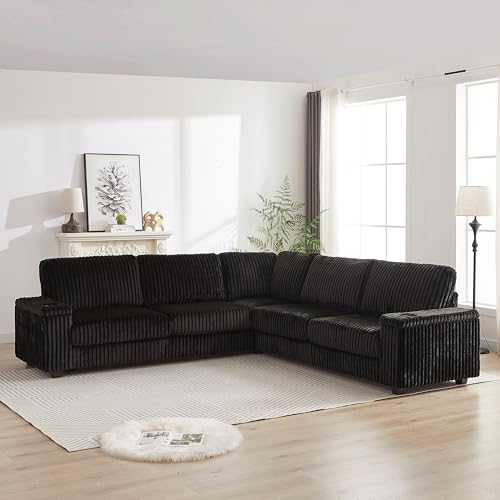 Eafurn L-Shaped Corduroy Sectional Sofa with Storage & Ports