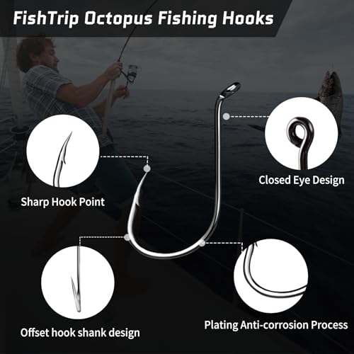 FishTrip Octopus Hooks Fishing Saltwater - 100pcs Offset Beak Fish Hooks/Closed Eye/Barded/Black for Fishing Rigs Bass Catfish 6# - Thumbnail 2