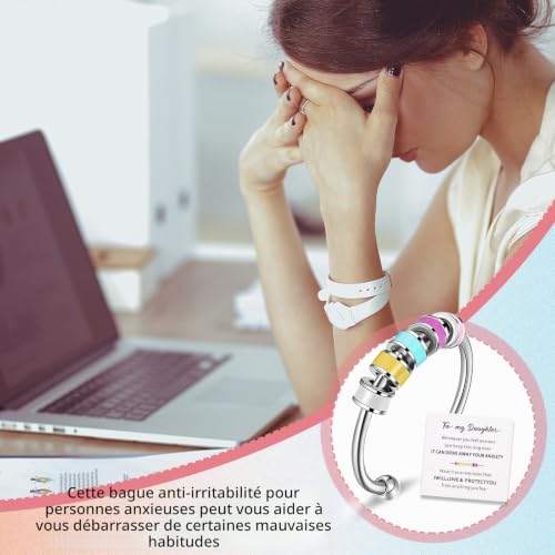Herdear Anneau Fidget en Émail Anneaux d'Anxiété Ouverts en Acier Inoxydable Bagues Anti-Stress Bagues Rotatifs Réglables avec Perles Multicolores pour Soulagement de l'Anxiété (Style Frais) – vue 6