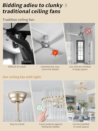 Image of SYDACG 20 inch Gold and Clear Crystal Fandelier Ceiling Fan with Light, Mid-Century Chandelier Ceiling Fan with Light Remote Control, 6 Speeds for Bedroom, Nursery, Living Room